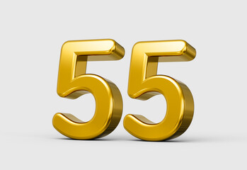 Golden metallic 3D number 55 with bright polished reflective glow. 3d illustration