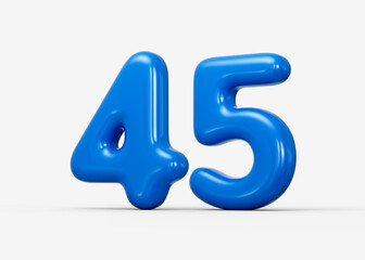 Glossy blue 3D number 45 with reflective curved design and sleek surface. 3d illustration