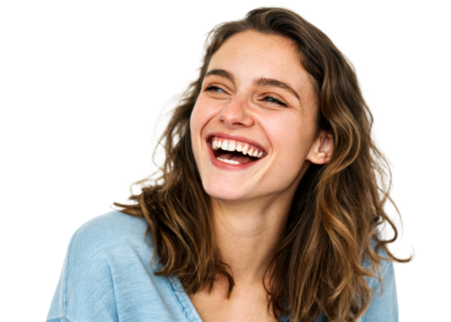 Joyful young woman with brown wavy hair laughing heartily, captured in a medium closeup studio portrait, perfect for expressing happiness and positive emotions in marketing materials.