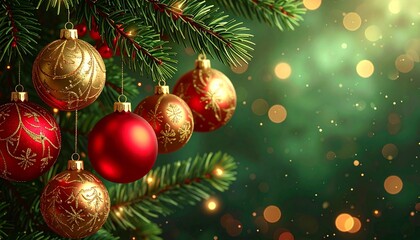 Realistic Christmas Background: Traditional Red and Gold Baubles with Green Pine Needles and Sunlight Effect.