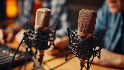 Recording podcast with two radio hosts in a cozy studio setting, featuring dynamic discussion and engaging conversation on various topics and themes