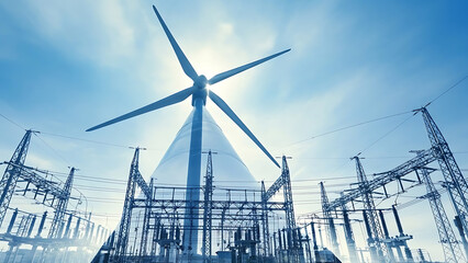 Dynamic wind turbine generating clean energy alongside power lines against sunny sky, promoting sustainable and modern energy solutions for the future