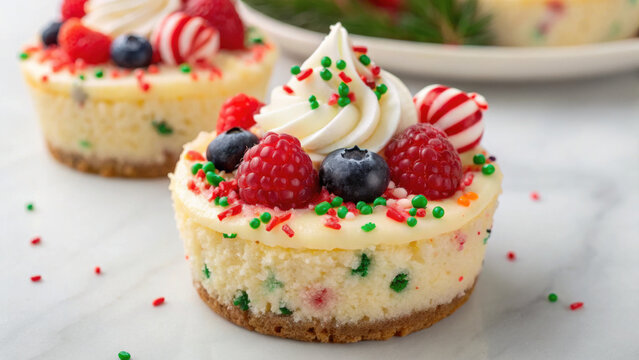 Christmas dessert cheesecake topped with whipped cream raspberry blueberry candy and colorful sprinkles festive and joyful - Powered by Adobe