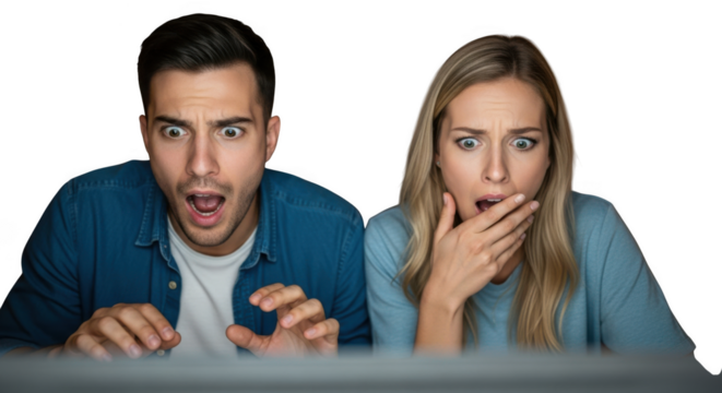 Couple reacts with shock and surprise to screen content in dark room