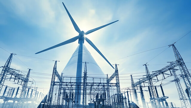 Dynamic wind turbine generating clean energy alongside power lines against sunny sky, promoting sustainable and modern energy solutions for the future