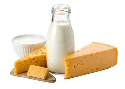 Assortment of dairy products including cheese wedges, yogurt, and milk in a bottle, perfect for healthy eating and food marketing visuals.