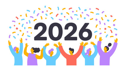 A Glimpse of the Future: The year 2026 is celebrated with confetti and unified enthusiasm, representing anticipation and hopeful outlook.