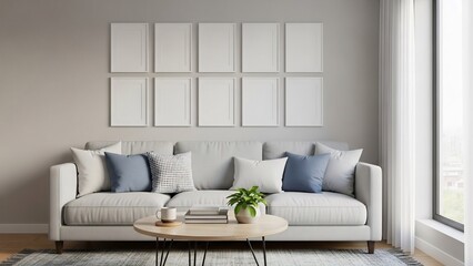 明るいリビングルームにはソファと窓があり、壁には多数のフレームがあります