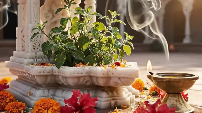 Sacred Thulasi plant with traditional oil lamp and offerings, symbolizing devotion and spiritual purity in a Hindu puja ritual