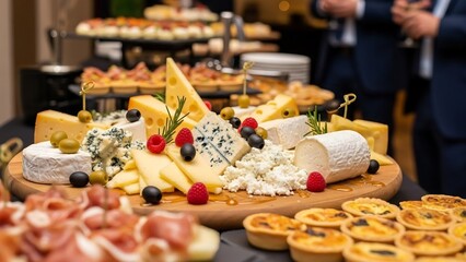 豪華なチーズ盛り合わせと軽食が並ぶパーティービュッフェテーブル