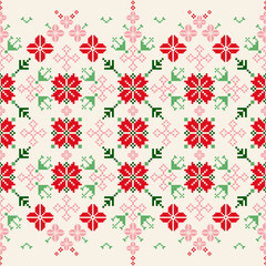 Geometric pixel art pattern. Abstract pixel art geometric ethnic pattern design for fabric, carpet, rug, clothing, festive pattern, christmas and background. Vector pixel art seamless motif ethnic
