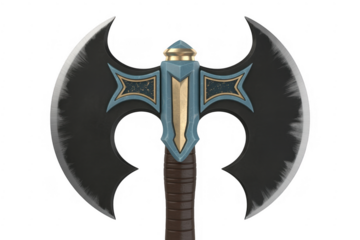 Double bladed axe with ornate blue and gold detailing and brown handle isolated on a transparent background