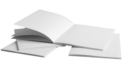 Blank white pages open book stack and notebooks isolated on black artistic composition