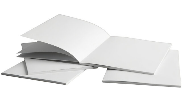 Blank white pages open book stack and notebooks isolated on black artistic composition