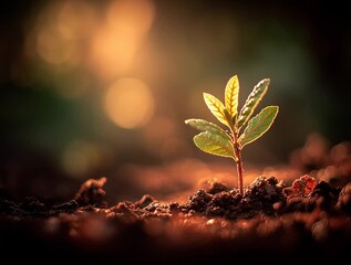 Emerging Life: A tiny seedling emerges from the soil, symbolizing growth and renewal. Sunlight bathes it in a warm glow, creating a feeling of hope and the potential of a bright future.