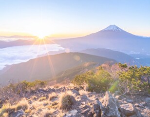 山の上からの景色　風景　朝日　日の出