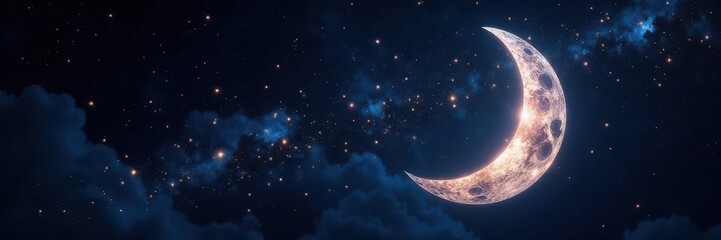Fototapeta premium Brilliant crescent moon, diamond-dust stars across inky black , romantic, universe