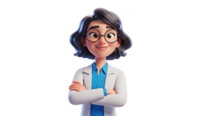 Happy 3d cartoon scientist woman character with arms crossed and glasses