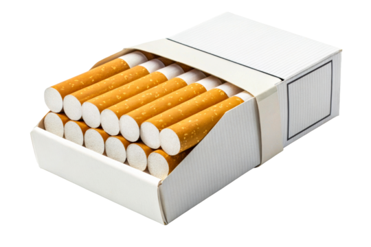 Full pack of cigarettes with white paper packaging, viewed from above, displaying rows of unfiltered tobacco sticks for smoking addiction or habit concept, used for healthcare awareness or - Powered by Adobe