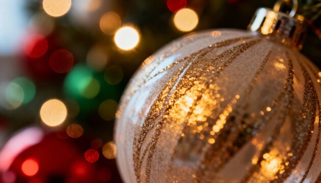 A shiny christmas ornament with gold and white stripes reflects surrounding colorful holiday lights in a detailed macro shot creating a festive and vibrant atmosphere suitable for celebrations - Powered by Adobe