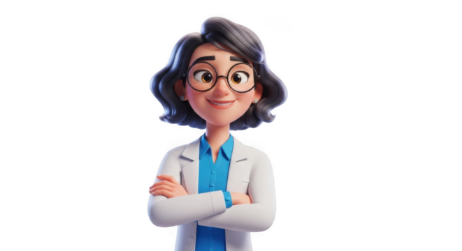 Happy 3d cartoon scientist woman character with arms crossed and glasses