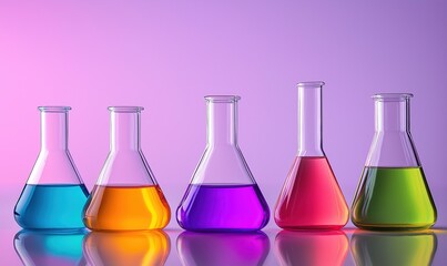 Set of beakers filled with colorful liquids each reflecting vibrant colors on surface against soft purple background, different sizes shapes