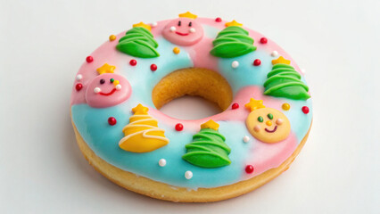 Christmas dessert donut decorated with colorful icing, smiling faces, Christmas trees, festive stars and candy sprinkles on white background
