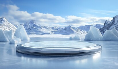 Abstract empty circular stage with icebergs and snow-covered mountains in background, futuristic design concept for product presentation