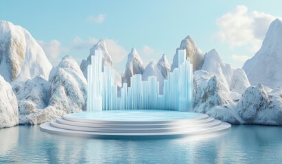 Abstract white icebergs and snow-covered mountains with round podium for product presentation on water background, winter landscape scene