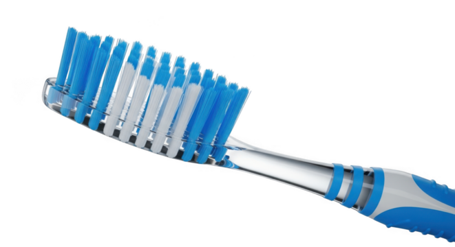 Close-up macro shot of a blue and white toothbrush bristles detail