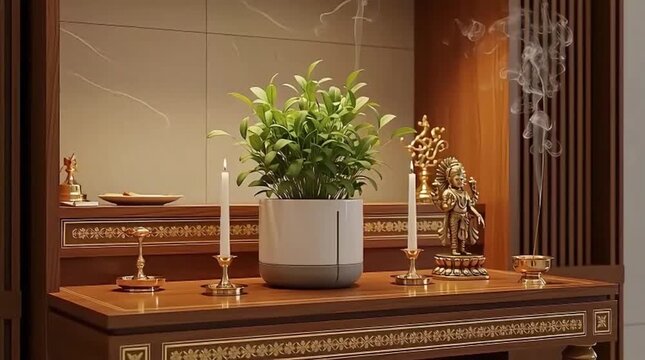 Spiritual domestic shrine with a vibrant thulasi plant, glowing candles, and incense smoke