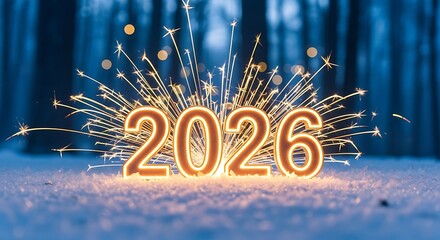 Sparkling 2026 new year celebration in a snowy winter forest scene