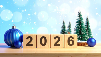 2026 calendar wooden block new year planning organization schedule timeline sustainable natural simplicity arrival agenda tactile in festive winter scene with miniature fir and blue ornaments