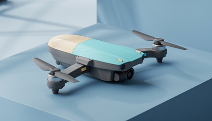 Modern drone with camera on blue background