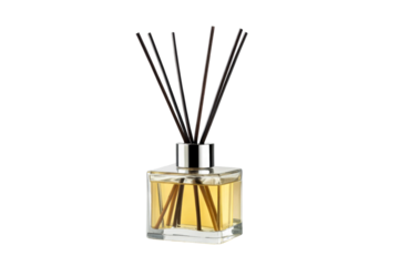 Elegant glass reed diffuser with amber liquid and dark diffuser sticks, perfect for home fragrance advertising and interior decor concepts promoting relaxation and ambiance.