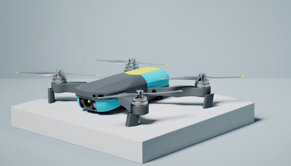 Modern drone with camera in clean studio