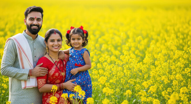Happy Indian Family in Vibrant Yellow Mustard Field - Powered by Adobe