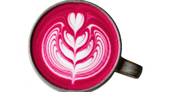Vibrant pink coffee art swirls forming heart and leaves in overhead view