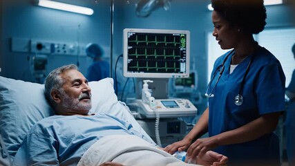 Nurse checks patient vital signs. Patient lies in hospital bed while nurse monitors ecg screen. Medical staff provides healthcare and bedside care. Hospital monitor displays heart rhythm. Cardiac. - Powered by Adobe