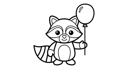 Naklejka premium Cute cartoon raccoon holding balloon in black and white outline art