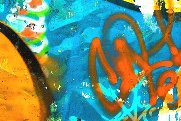 Graffiti style abstract art in vibrant orange blue. Strong 90s urban influence, textured paint,...