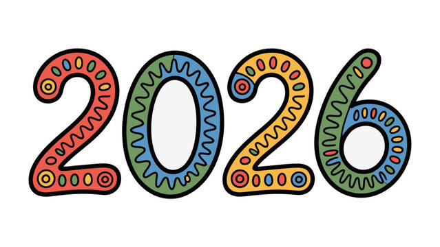 A Colorful Vision for 2026: The year 2026 is vibrantly brought to life with a captivating and artistic display. Each digit is intricately decorated in a riot of color. 