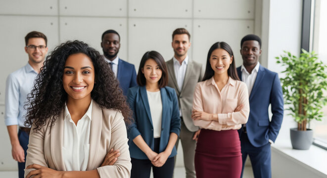Diverse Business Team Smiling in Modern Office Setting