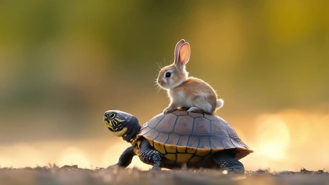 Brown Rabbit Riding on a Turtle Outdoors During Golden Hour Soft Light