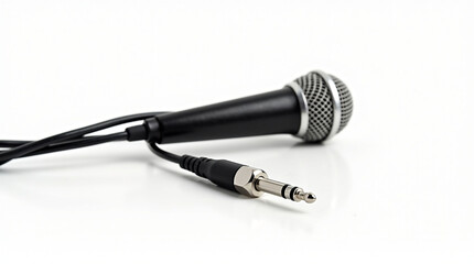 Obraz premium Black Dynamic Microphone with Cable and Audio Jack on Isolated White Background