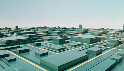 Modern abstract city with green blocks and golden lines
