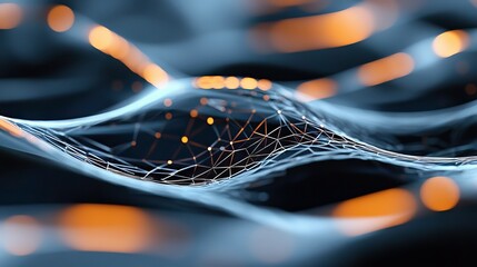 An abstract digital illustration featuring a network of interconnected lines and glowing dots, representing a futuristic technological concept.