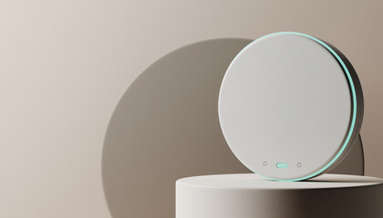 Modern smart device on pedestal with blue light