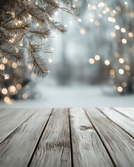 A wooden table in the foreground with blurred festive lights and pine branches in the background.