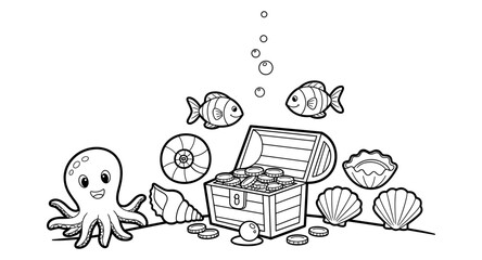 Underwater treasure hunt with marine life in black and white outline